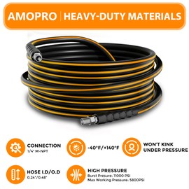 AMOPRO 50FT Sewer Jetter Kit for Pressure Washer, 5800PSI Drain Cleaner Hose 1/4 Inch NPT Corner Rotating and Button Nose Sewer Jetting Nozzle Spanner Watertight Tape Pearl Corsage Pin Handle Strap