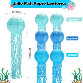 Jellyfish Paper Lanterns,Under The Sea Party Decorations 6Pack with String and Hooks,Hanging Jelly Fish for Mermaid,Ocean Themed,Birthday,Party(Blue 8Inch)