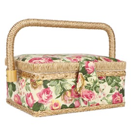 Portable Sewing Organizer Basket, Adjustable Handle. Double-layer Storage for Threads and Scissors (pastoral rose)
