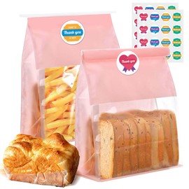 SixWeKit 50 PCS Bakery Bags with Window - Reusable Cookie Bags With Seal Stand Upright Cookie Packaging Bag With Tin Tie Tab Lock Kraft Paper Bread Bags For Sourdough Pastry,Donuts,Popcorns, Snack (Pink Large)