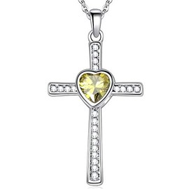 Jude Jewelers Stainless Steel Heart Shape Birthstone Cross Pendant Necklace (Aug-Peridot)