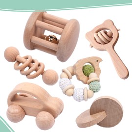 6 Pieces Toy Set- Wooden Baby Toys for Babies 0-6 Months,Wooden Toys for Babies Rattles with Bells,Wooden Rattles Push Car,Wood Teething Toys Gifts for Boys Girls,Montessori Toys for Babies 0-6 Months