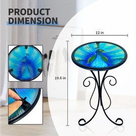 HONGLAND Outdoor Side Table, Small Outdoor Table, 12" Round Patio Side Table Glass End Table, Glass Plant Stand, Small Bistro Coffee Table for Garden Patio Porch Living Room （Peacock）