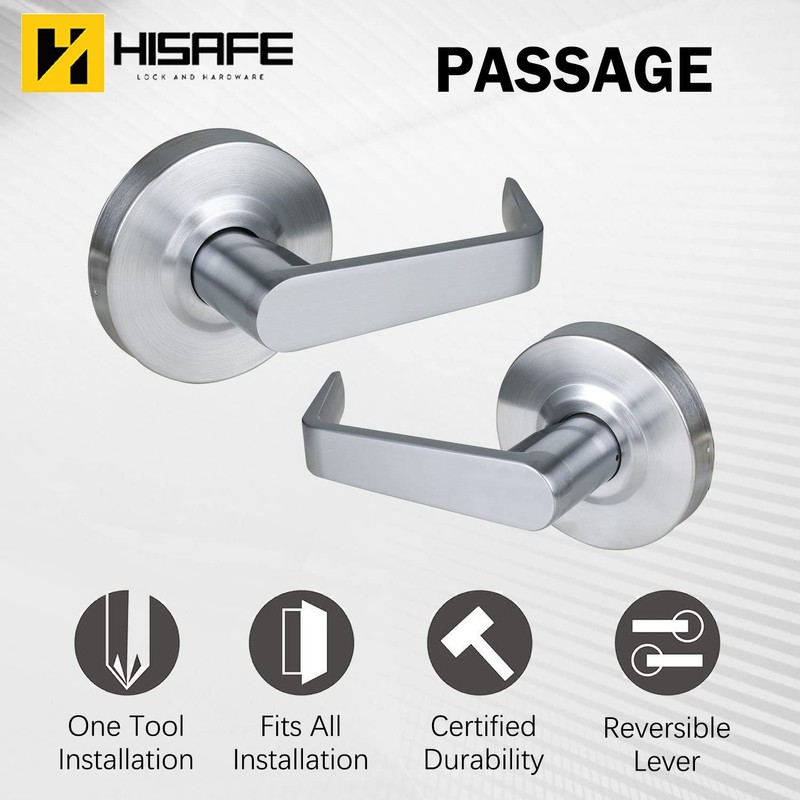 HISAFE Heavy Duty Commercial Passage Door Lever, Satin Chrome Finished