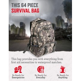 ReadyWise Emergency Survival Gear – Tactical Military Backpack, Camping Essentials Bug Out Bag & Survival Kit, Prepper & Hurricane Supplies, Meal Pouches with up to 25 Year Shelf Life, 64 Piece, Camo