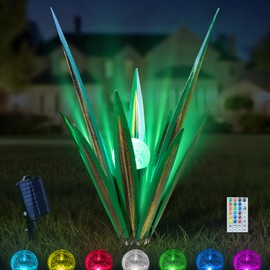 ASBEFORE 21.6Inch Metal Agave Plants Outdoor Decor - Cactus Yard Art Solar Decorations, Large Tequila Plant with Lights Outside Flowers Ornaments Garden Sculptures Patio Rustic (Green, L)