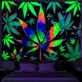 VeiVian - Tapiz psicodélico de hoja de marihuana reactivo a luz UV, tapiz de luz negra, 60 x 40 cm, para hombre, sala de estar, recámara