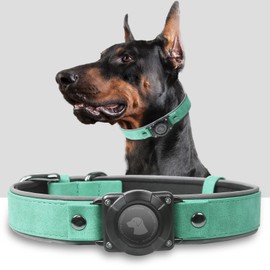 Leather Dog Collar with Air Tag Holder, Airtag Dog Collar IPX8 Waterproof, Handmade, Soft and Comfortable, Reflective, Adjustable Padding, Suitable for Medium Large Dogs (Teal, L)