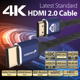 Fosmon - Cable HDMI 2.0 4K@60Hz 15 pies, certificado premium en pared CL3 clasificado, 18Gbps de alta velocidad, HDR, HDCP 2.2/1.4, 3D, ARC, 30AWG algodón trenzado compatible con UHD TV, monitor, consola