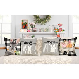 Easter Pillow Covers 20x20 Set of 4 Easter Decorations for Spring Farmhouse Pillows Easter Decorative Throw Pillows Buffalo Plaid Bunny Eggs Welcome Peeps Throw Cushion Case for Home Decor TH163-20