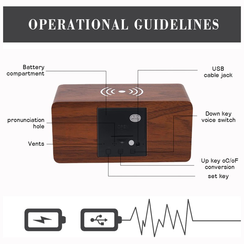Wooden Digital Alarm Clock with Wireless Charging, 3 Alarms LED