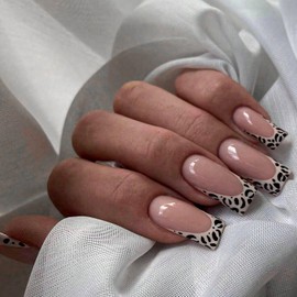 French Tip Press on Nails Coffin Glue on Nails Black Stick on Nails Glossy Cheetah Print Nails Press on Acrylic Nails Square Fake Nails Full Cover Leopard Print False Nails for Women Manicure 24Pcs