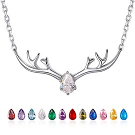 SILVERCUTE April Stone- Synthetic Diamond, Birthstone Antler Pendant & Rolo Chain Necklace, 925 Sterling Silver, Minimalist Deer/Elk Horn Animal Cubic Zirconia Jewelry Women Necklace, SCP6294B