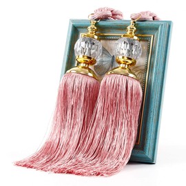 QOTSTEOS 1 Pair Curtain Hold Backs Rope Tie Backs, Curtain Clips Rope Curtain Hanger, Large Tie Backs Prism Ball Tassel Curtain Rope Tieback for Home Office Window Curtains(Pink), free size