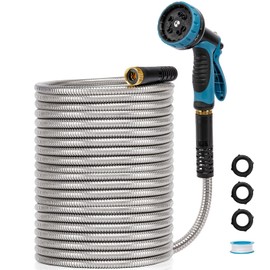 Metal Garden Hose 100 FT, Stainless Steel Hose, Water Hose with 10 Function Nozzle, No Kink & Tangle, Easy to Use & Store, Heavy Duty Lightweight Outdoor Hose