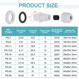 sourcing map 15Pcs PG7 Nylon Cable Glands, Waterproof Cord Grip Connector with Washer, Adjustable 3-6.5mm Wire Grommet Protectors with Gaskets and Locknut for Junction Box, White