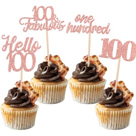 24 piezas de decoración para cupcakes de 100 cumpleaños Hello 100 100 y fabulosas púas para magdalenas de 100 cumpleaños, aniversario, decoración de pasteles, suministros de oro rosa