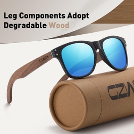 GZWSX Black walnut | polarized wooden sunglasses for men and women | UV400 protection | carbon fiber pattern frame (8010BLUE)