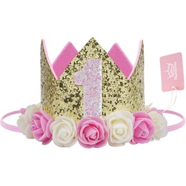 Baby Birthday Crown, Princess Crowns Tiara Party Hat With Gold Glitter and Pink Roses for Birthday Party Decorations