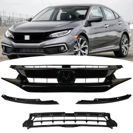 KingParts-Auto For 2019 2020 2021 Honda Civic Sedan Front Bumper Grille Grill W/ Eyelid Molding
