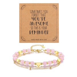 CrystalTears Rose Quartz Crystal Heart Bracelet for Women Girls, Gold Layered Healing Stone Pink Beaded Bracelets Jewellery Gifts for Women Mum Teen Girls Best Friends Birthday Christmas