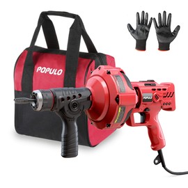 POPULO 120V Auto Feed Drain Auger,23 FT Drain Snake Suitable For 3/4"-2" Pipes For Unclogging Sinks,Shower Floor Drain and Outdoor Drain Pipe.Plumbers Snake Cleaner Include Glove,Cloth Bag