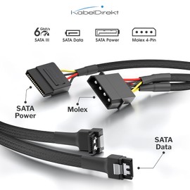 KabelDirekt – 30cm 4-pin Molex to 2 x 15-pin SATA power cable + 60cm 7-pin SATA 3 data cable 6 Gbit/s 90° angled + 60cm 7-pin SATA 3 data cable 6 Gbit/s