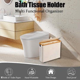 Meetue 12 Rolls Toilet Paper Storage, Slim Toilet Paper Basket with Lid&Handle for Bathroom, Sturdy Linen Type Canvas&Smooth Roll Organizer with Rubber Feet for Roll Tissue, 17.8" x 6" x 13.8", Beige