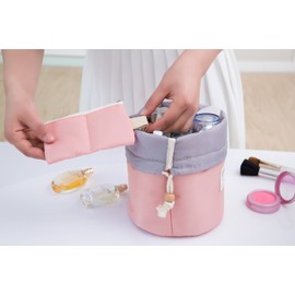 Women Travel Make Up Bag,Pouches Cosmetic Bags Girls Barrel Shaped Hanging Toiletry Wash Bags Nylon Drawstring Makeup Organizer Storage Bag + Small Zipper Pocket+PVC Transparent Brush Bag (Pink)