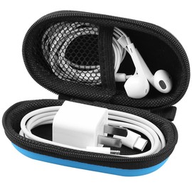 Earbud Case, RISETECH Earphone Carrying Case Holder EVA Headphone Storage Bag Small Zipper Pouch Compatible for EarPods, AirPods, Beats Flex, Urbeats3, Bose Wireless Earbuds, USB Cable, with Clip-Blue