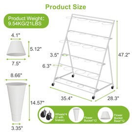 NEYCIL Flower Stand, 3 Tier Flower Display Stand with 12 Buckets, Upgrade Double Circle No Shaking, Outdoor Flower Cart with Wheels for Patio, Garden, Shop, Wedding, Party, Exhibition, Indoor, White