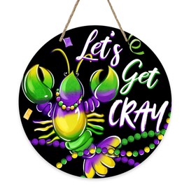 Deroro Mardi Gras Crayfish Front Door Sign, Let's Get Cray Lobster New Orleans Carnival Wood Door Hanger Outdoor Outside Porch Decor, Beads Wooden Wreath Indoor Wall Hanging Decoration