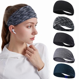 5 Pack Sweat Bands Headbands for Women Workout, Women's Yoga Non Slip Elastic Headband,Exercise Wicking Sweatband for Running Sports Athletic Fitness