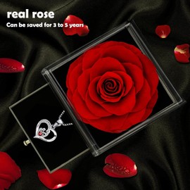 SWEETIME for Mum,Forever Rose Box with Heart Silver Necklace,Eternal Rose with Mother and Baby Garnet Pedant,Crystal Necklace for Mother and Daughter Gifts,Preserved Real Rose Birthday Gift.