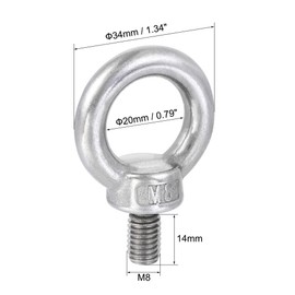 sourcing map Lifting Eye Bolt M8 x 14mm Male Thread with Hex Screw Nut Gasket Flat Washer for Hanging Securing Chain Wire Rope, 304 Stainless Steel, 2 Sets