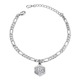 White Gold Plated Flat Figro Chain Link Anklet for Men Women with Initial Letter Charms(R)