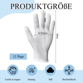 BORISCA 11 Pairs of Cotton Gloves, White Gloves, Soft Liner Gloves, Thin Fabric Gloves, Elastic Textile Gloves, Reusable for Men and Women