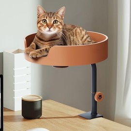 Clioran Cat Desk Bed Large Perch Nest with Teaser Easy Install,Space Saving Mount Design,Sturdy Frame,Removable Cushion,Clamp Desktop Attachment Hammock for Home Office,Side Table(White and Blue)