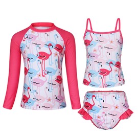 SERTAS Girls Swimsuits 3 Piece,Sun Protection Long Sleeve Swimwear,Tankin and Shorts, Summer Kids Bathing Suits