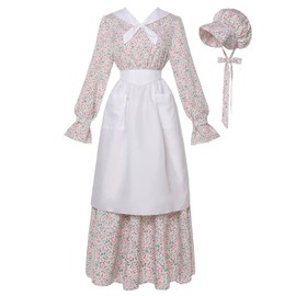Vibsion Colonial Prairie Dress Costume Women Amish Old Fashioned Floral Dresses Pilgrim Pioneer Trek Clothing 3 Pcs XL