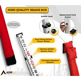 AdirPro 16-Foot Aluminum Grade Rod – 8ths, Dual Sided 5-Section Telescopic Leveling Rod – Bubble Level and Soft Carrying Case Included