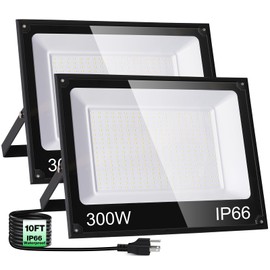 NEWREACH 300W LED Flood Light, 36000LM Floodlight with Plug,IP66 Waterproof Outdoor Lights, 5000K Daylight White Security Lights,Outdoor Floodlight for Yard Stadium Garden（2 Pack）
