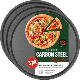 DecorRack 13 Inch Carbon Steel Pizza Pan, [Premium] Non-Stick Coating, Commercial Grade, Serving Tray, Heavy Duty Round Baking Tray for Oven Use (3 Pack)