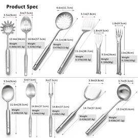 304 18/8 Stainless Steel Kitchen Utensils Set 11 Pcs Long Cooking Utensil, Spatula, Soup spoon, Leaking shovel, Ladle, Tunner, Pasta Server, Meat Fork, Tongs Kitchen Tools Set (11 Pieces Set)