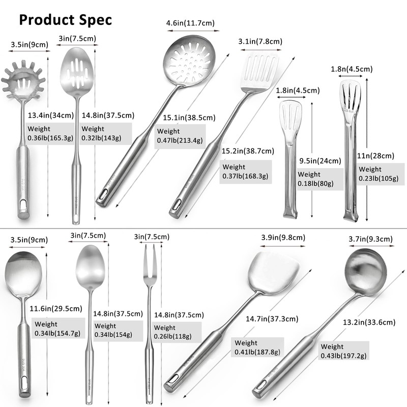 304 18/8 Stainless Steel Kitchen Utensils Set 11 Pcs Long