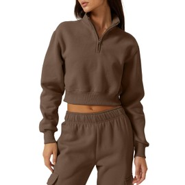 QINSEN Ladies Turtleneck Zipper Front Crop Top Long Sleeve Mock Neck Sweatshirt Chestnut L
