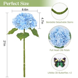 Waipfaru 21" Real Touch Blue Hydrangea Artificial Flowers with Long Stem & Leaves, Full Latex Faux Hydrangea Flowers for Home Decor Party Floral Arrangements Wedding Bouquets Centerpieces, 3Pcs