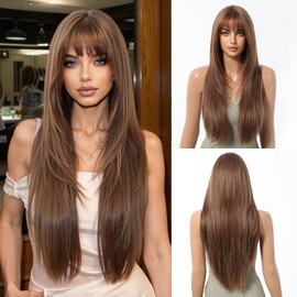 Cemuto Brown Synthetic Wig with Bangs Glueless Long Straight Layered Wigs for Women 28 Inch