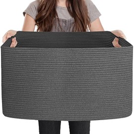 Extra Large Rope Basket, 23.6" x 17" x 12" Rectangle Wicker Baby Laundry Basket, Kids Toy Storage Baskets, Woven Basket for Blankets Clothes Pillows, Laundry Room Organization, Dark Grey