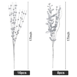 CristBest 24-Pack Christmas Tree Picks Ornaments, Artificial Glitter Berry Stem Glittery Twigs Ornaments for Christmas Tree Decorations, Small Vase, Holiday, Wedding, Party Decorations (Silver)